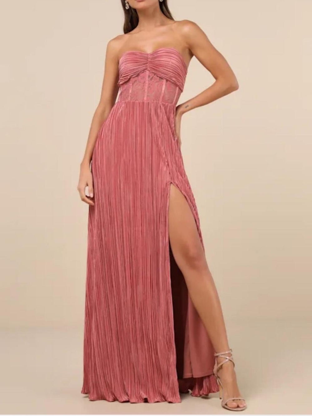 Lulus Desme Rose Pink Satin Plisse Strapless Maxi Dress